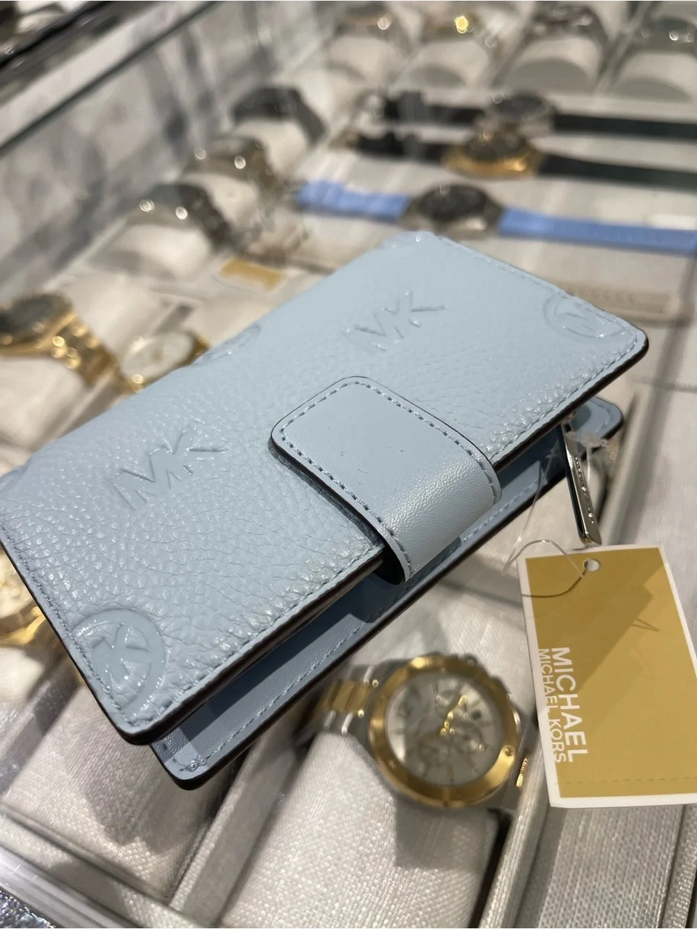 Michael Kors Jet Set Travel Med MK Logo Debossed Bifold Wallet Pale Ocean  NWT